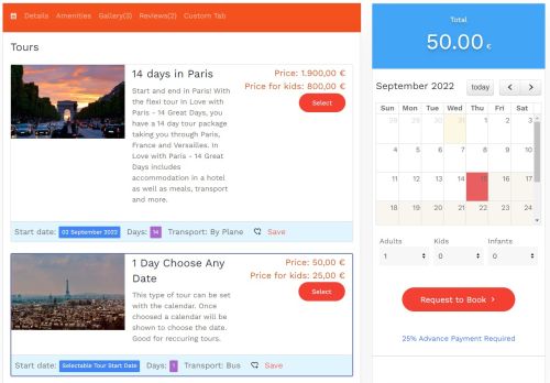 TOURS BOOKING CALENDAR
